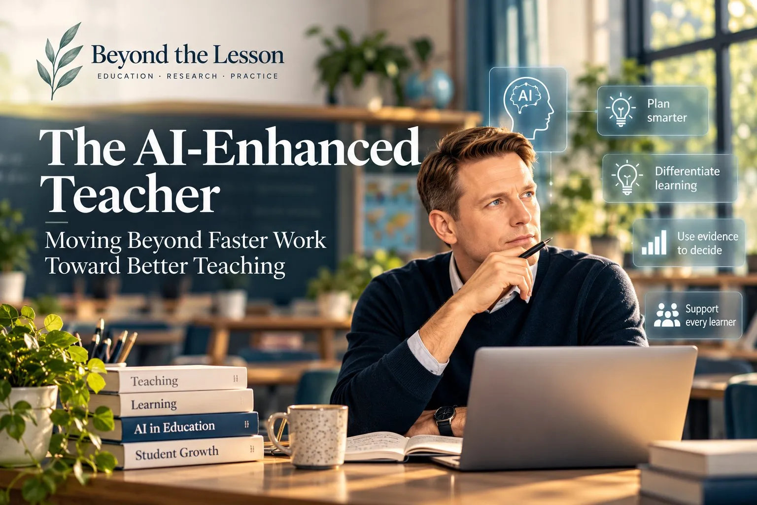 Cover of The AI-Enhanced Teacher: a teacher considering a pen at a laptop in a bright classroom, with floating prompts — Plan smarter, Differentiate learning, Use evidence to decide, Support every learner — beside the Beyond the Lesson leaf mark, the title, and the subtitle Moving Beyond Faster Work Toward Better Teaching.