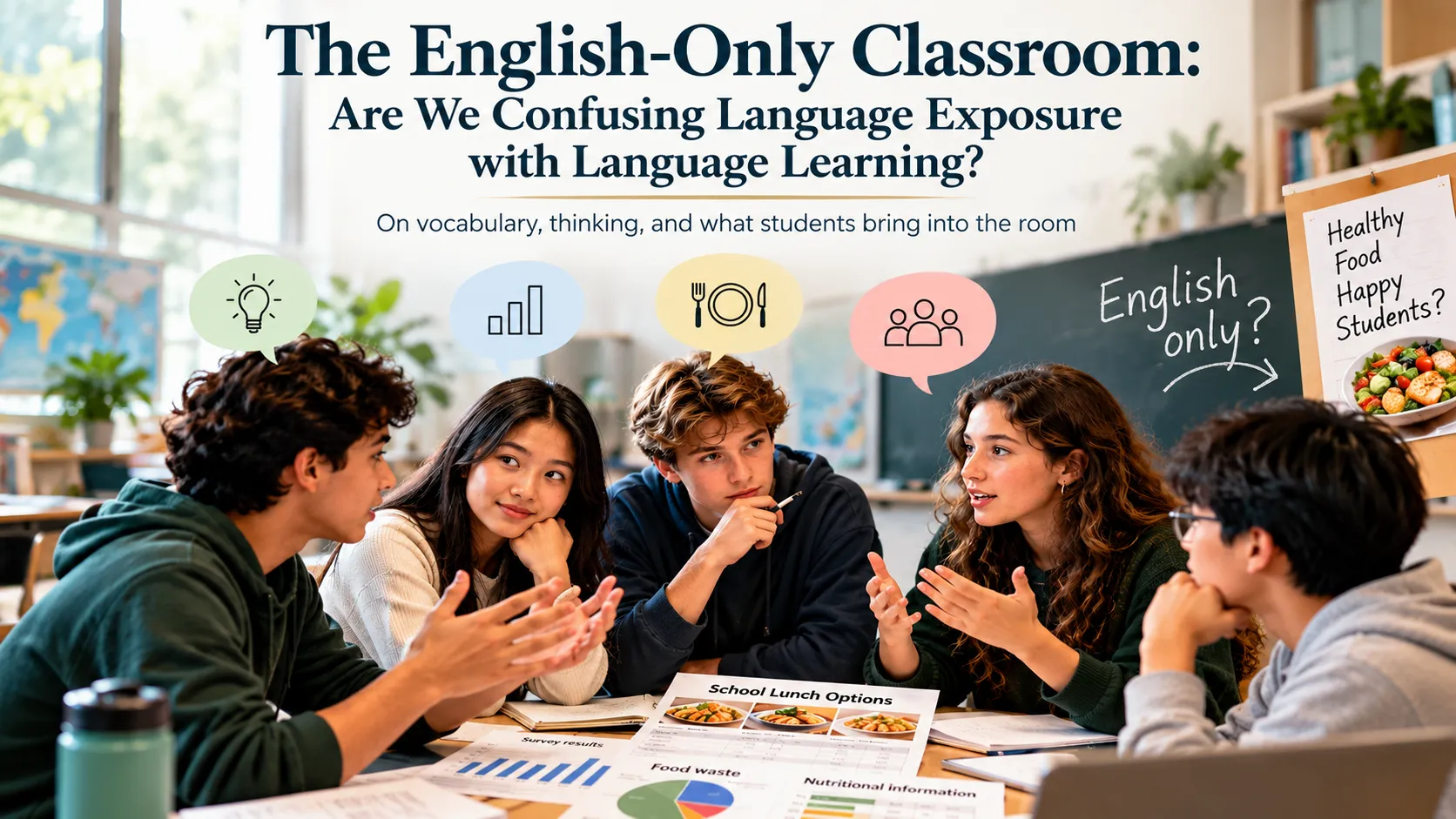 Cover of The English-Only Classroom: five secondary students in discussion around a classroom table with survey results and school-lunch charts, beneath the article title and the subtitle On vocabulary, thinking, and what students bring into the room, with a chalkboard note reading English only?