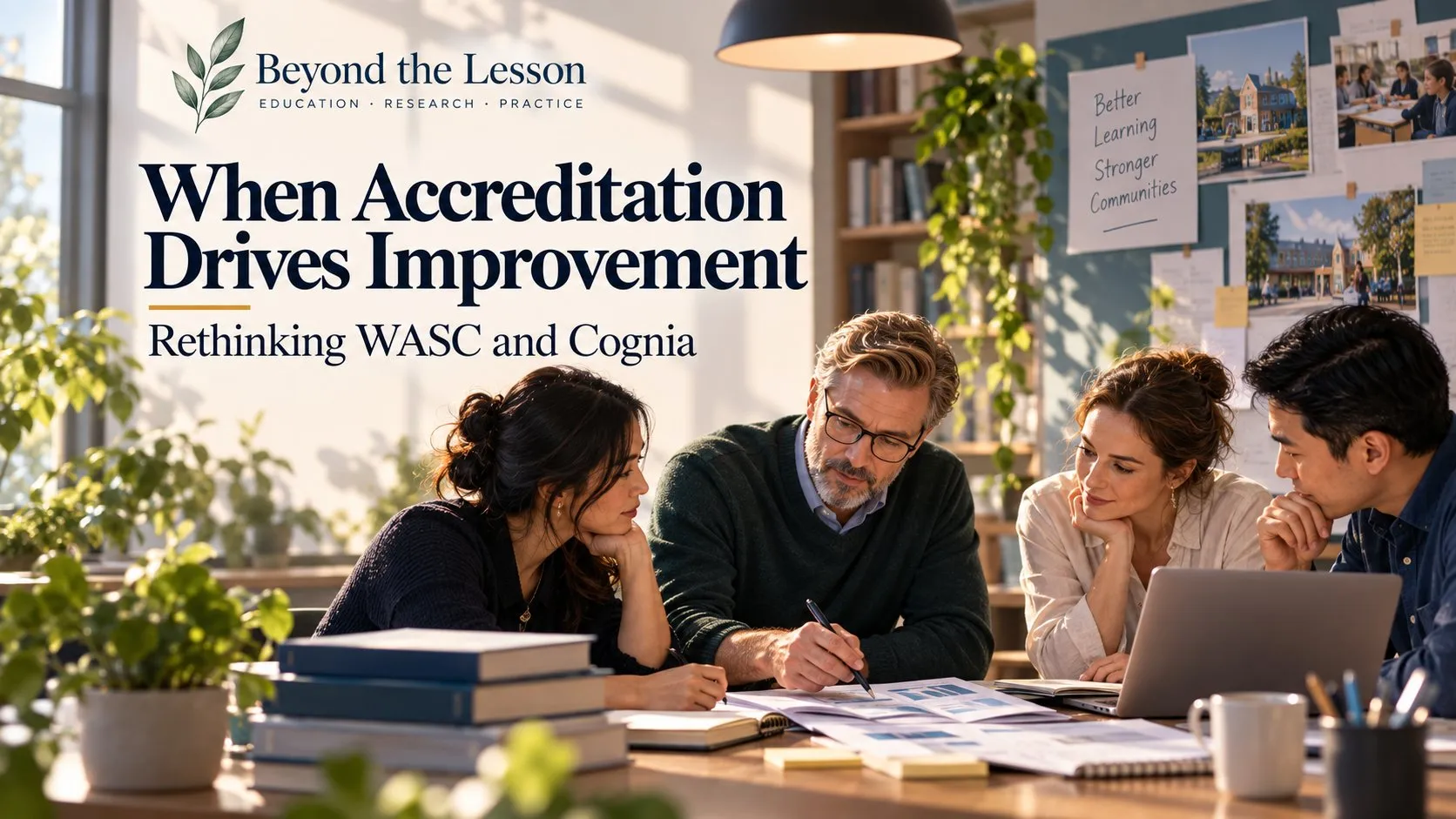 Cover of When Accreditation Drives Improvement: a school leadership team studying evidence around a table with books, notes and a laptop in a warm, plant-filled room, sticky notes reading Better Learning, Stronger Communities on the wall behind them, beneath the Beyond the Lesson leaf mark, the title, and the subtitle Rethinking WASC and Cognia.